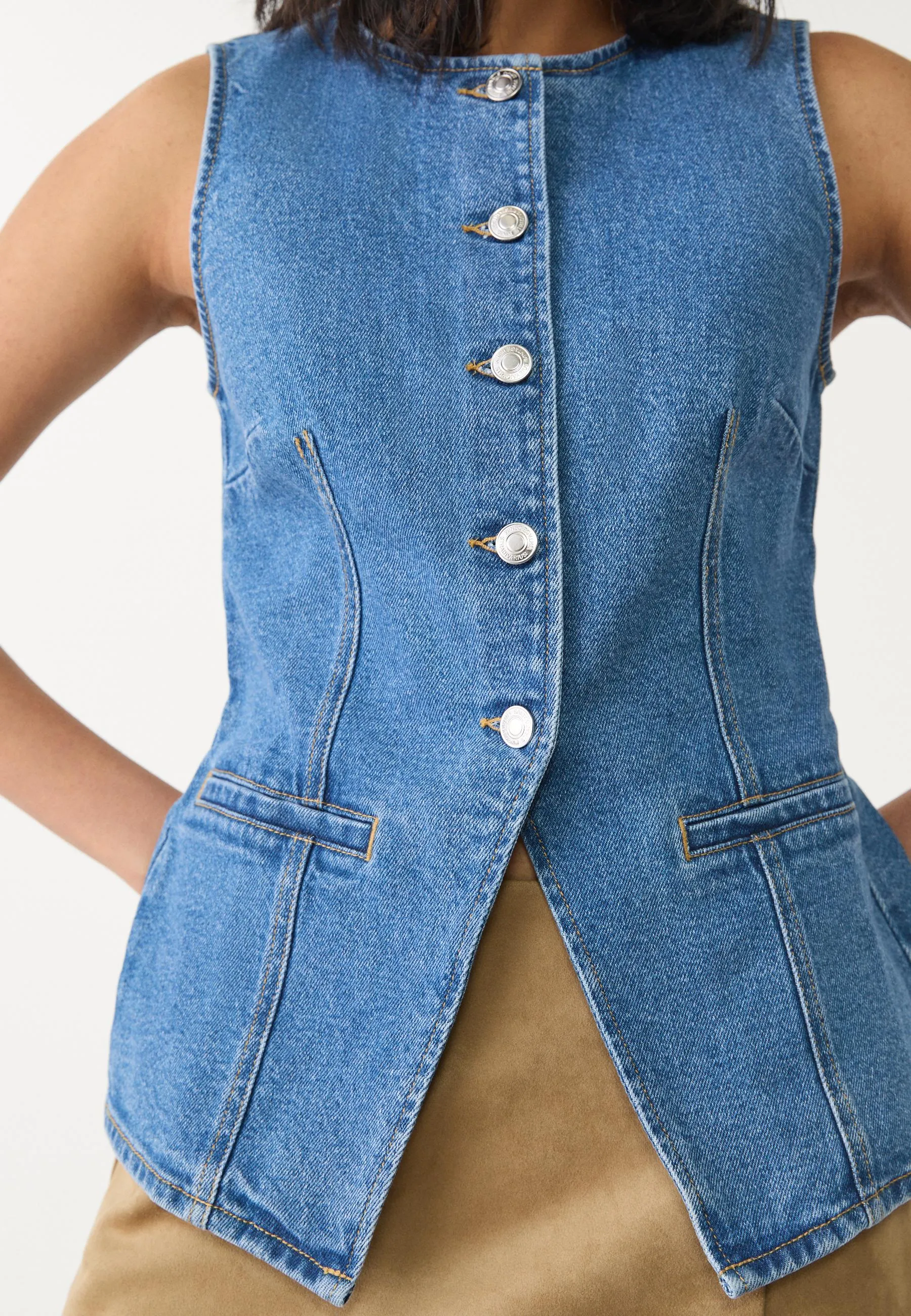 Abel Denim Button Up Princess Seams Pocket Vest Top