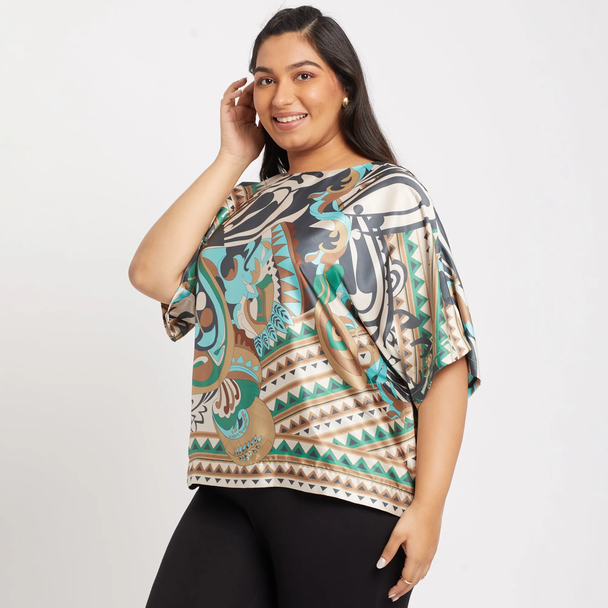 Abstract Print Boat Neck Satin Plus Size Top