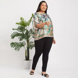Abstract Print Boat Neck Satin Plus Size Top