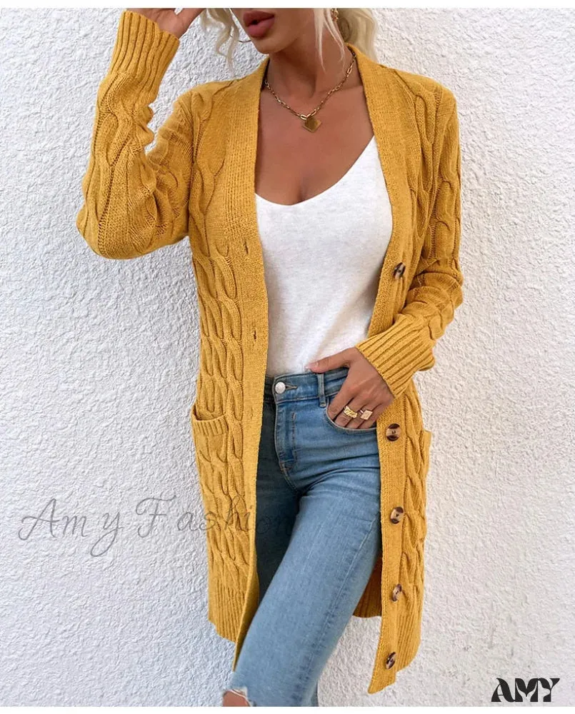 Amy Fashion - New Long Coat Twisted Rope Solid Color Knitted Cardigans