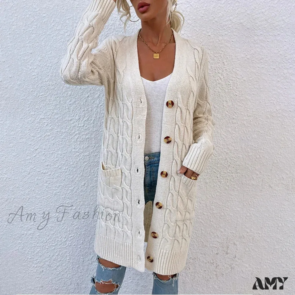 Amy Fashion - New Long Coat Twisted Rope Solid Color Knitted Cardigans