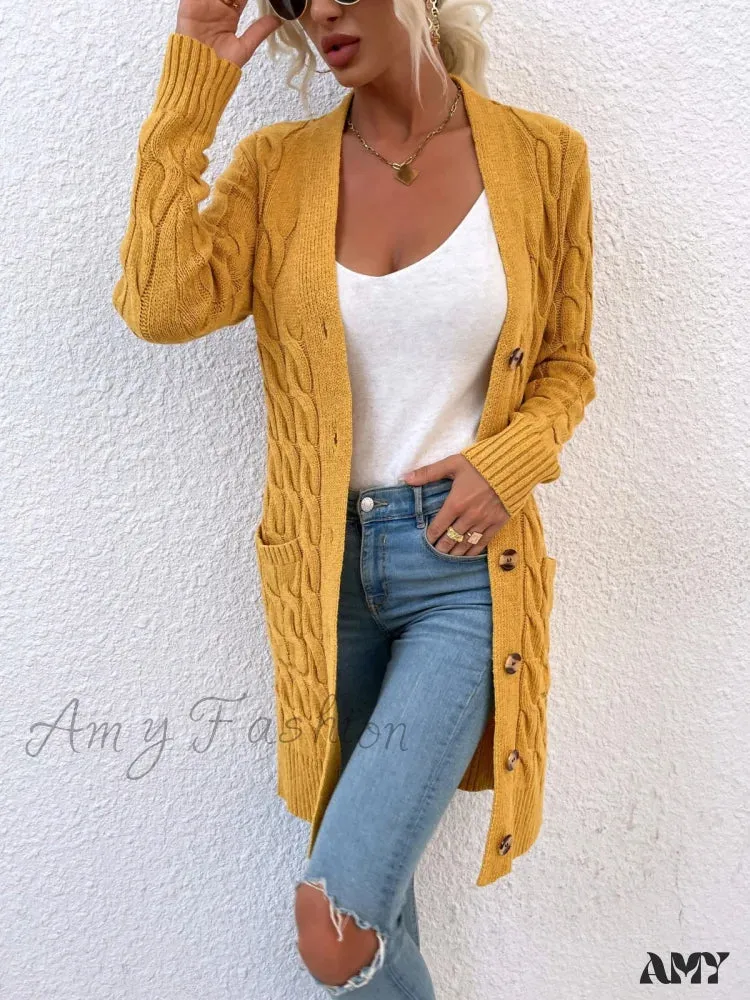 Amy Fashion - New Long Coat Twisted Rope Solid Color Knitted Cardigans