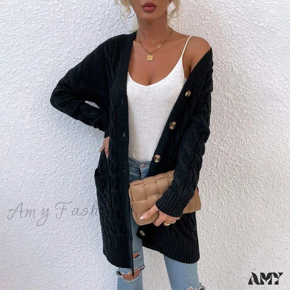 Amy Fashion - New Long Coat Twisted Rope Solid Color Knitted Cardigans