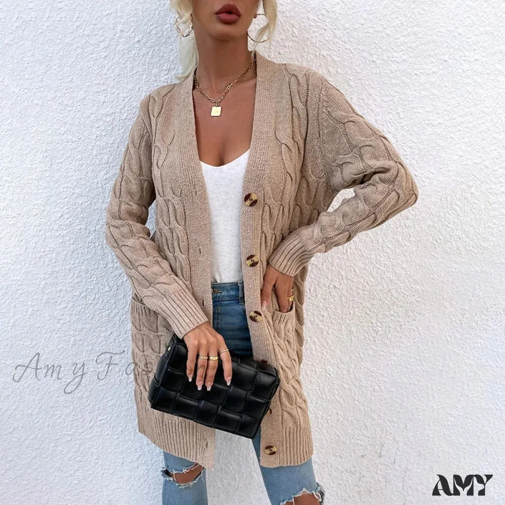 Amy Fashion - New Long Coat Twisted Rope Solid Color Knitted Cardigans