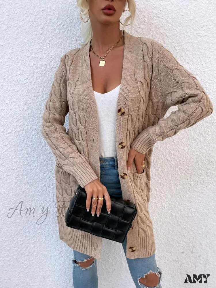 Amy Fashion - New Long Coat Twisted Rope Solid Color Knitted Cardigans