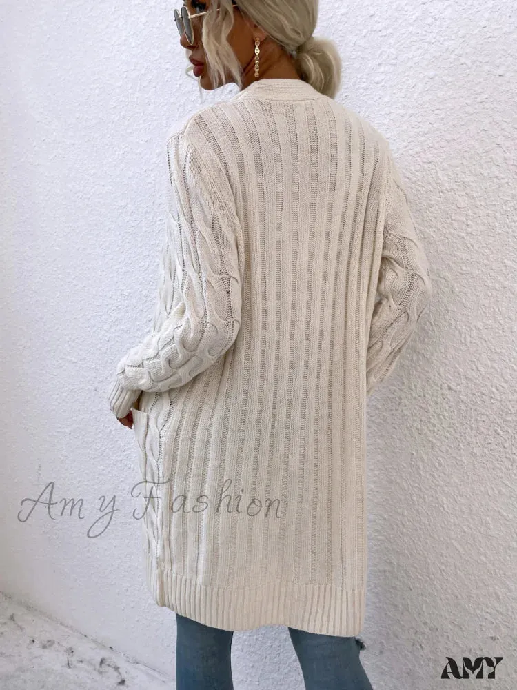 Amy Fashion - New Long Coat Twisted Rope Solid Color Knitted Cardigans