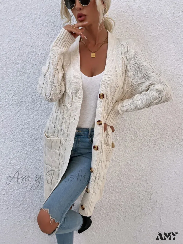 Amy Fashion - New Long Coat Twisted Rope Solid Color Knitted Cardigans