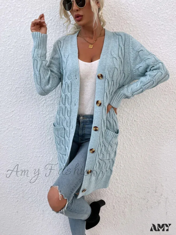 Amy Fashion - New Long Coat Twisted Rope Solid Color Knitted Cardigans