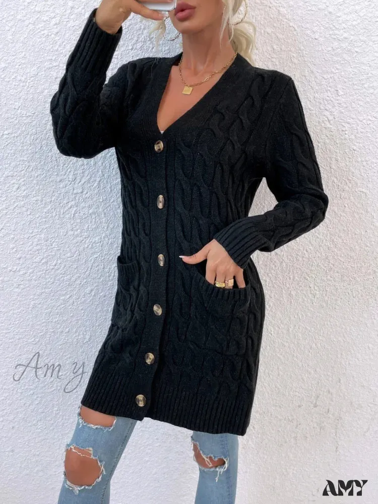 Amy Fashion - New Long Coat Twisted Rope Solid Color Knitted Cardigans