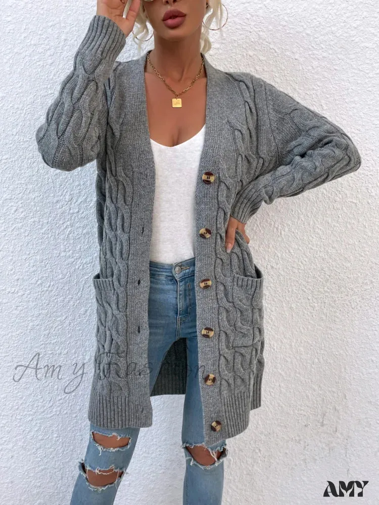Amy Fashion - New Long Coat Twisted Rope Solid Color Knitted Cardigans