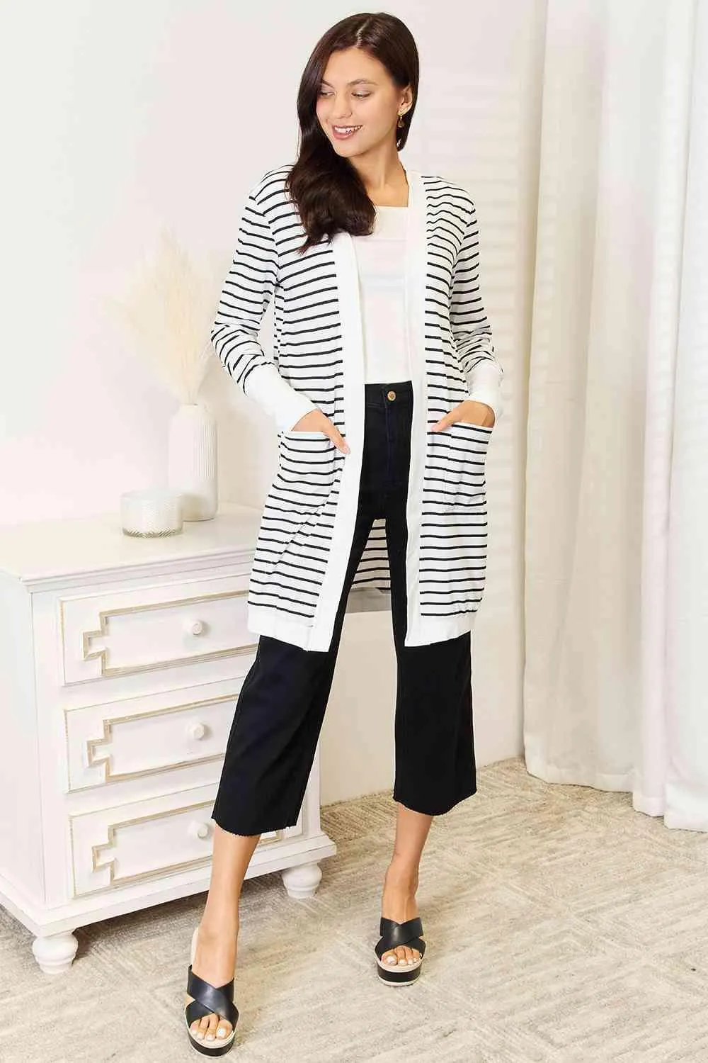 Black And White Longline Womens Striped Cardigan