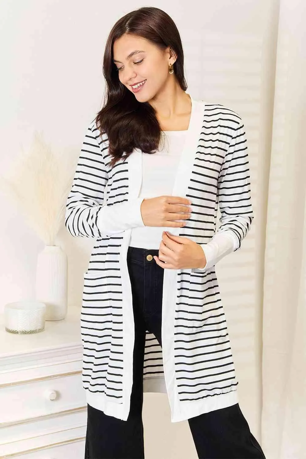 Black And White Longline Womens Striped Cardigan
