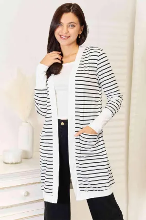 Black And White Longline Womens Striped Cardigan
