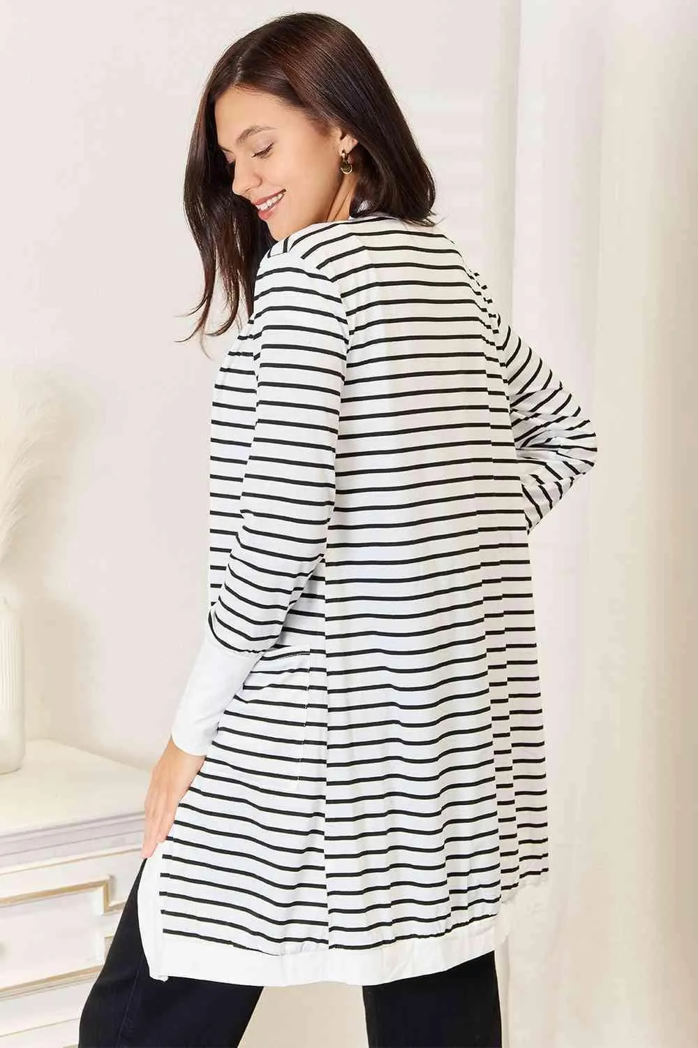 Black And White Longline Womens Striped Cardigan