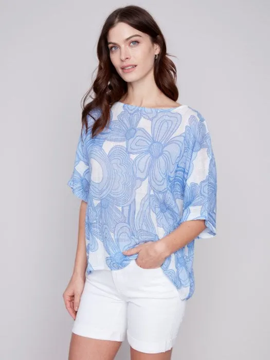 BLUE FLOWER COTTON GAUZE DOLMAN TOP