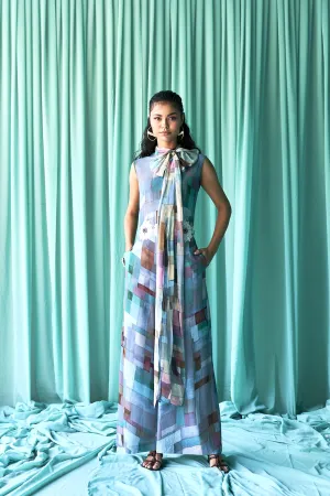 Blue Form Print Neck Tie Jumpsuit