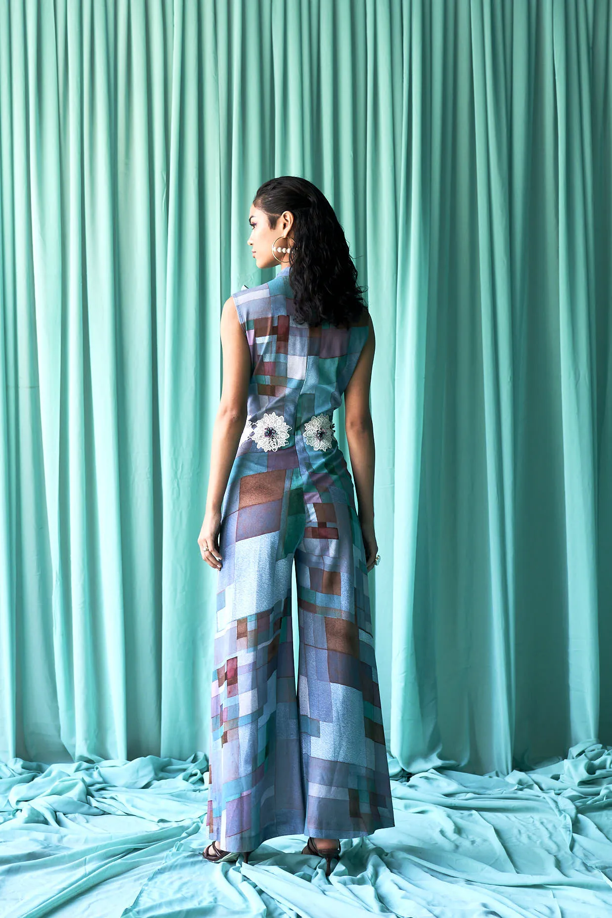 Blue Form Print Neck Tie Jumpsuit