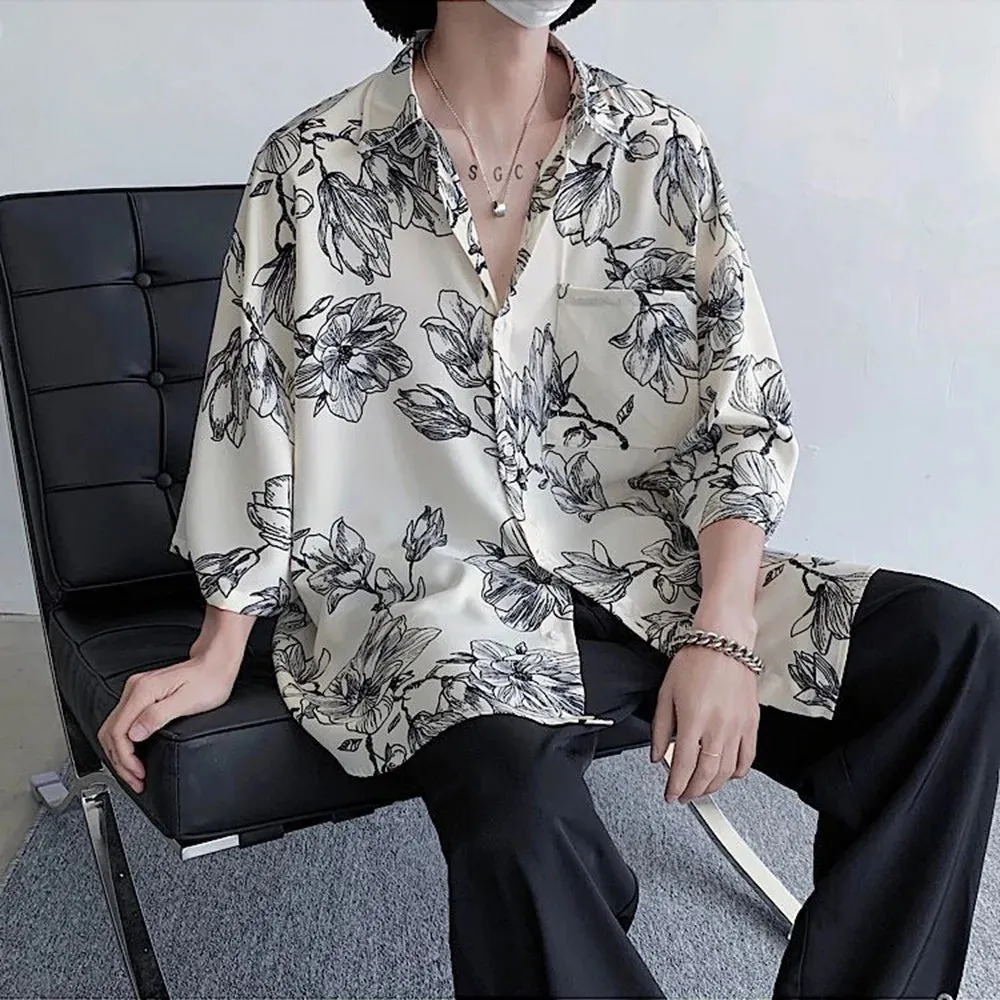 Bonsir Mens Shirts Floral Print Casual Shirts Summer Trend Streetwear Versatile Youth Breathable Five-Point Sleeve Tops Men'S Clothing