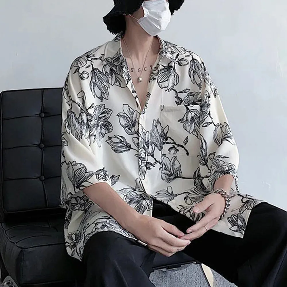 Bonsir Mens Shirts Floral Print Casual Shirts Summer Trend Streetwear Versatile Youth Breathable Five-Point Sleeve Tops Men'S Clothing