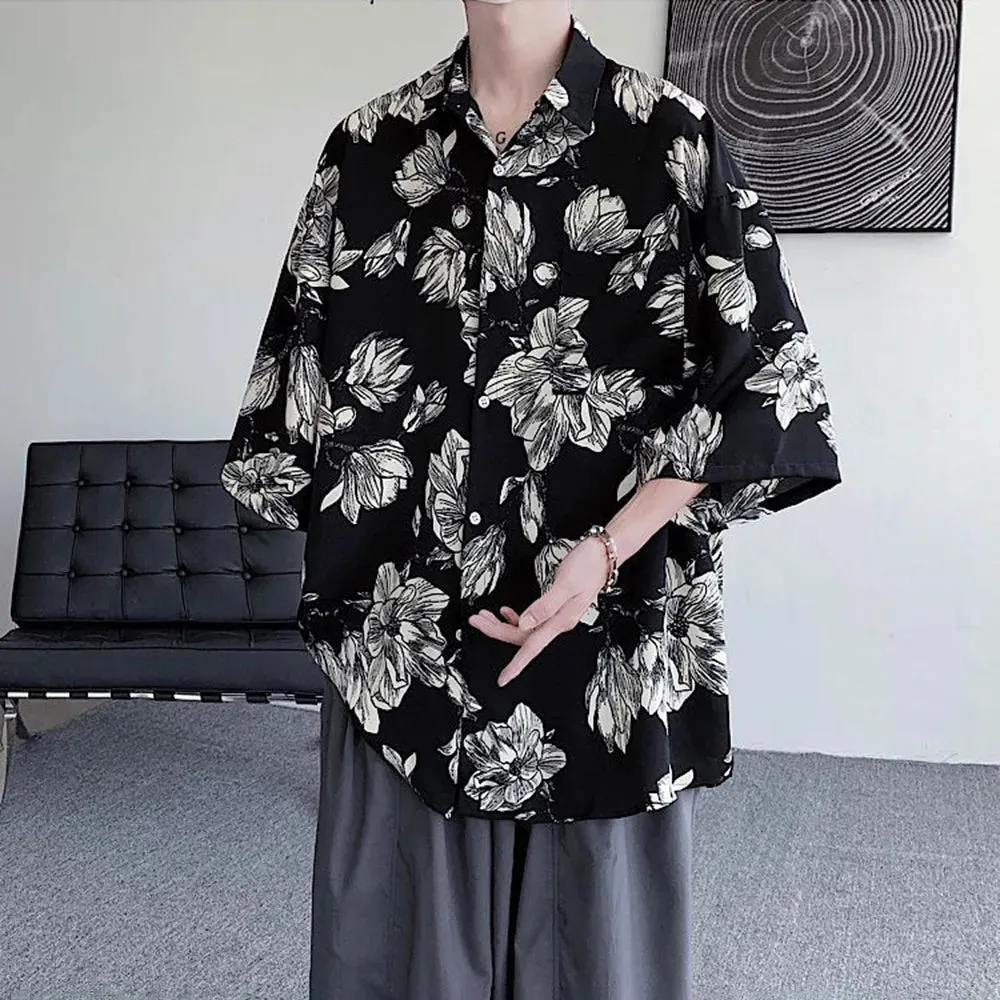 Bonsir Mens Shirts Floral Print Casual Shirts Summer Trend Streetwear Versatile Youth Breathable Five-Point Sleeve Tops Men'S Clothing