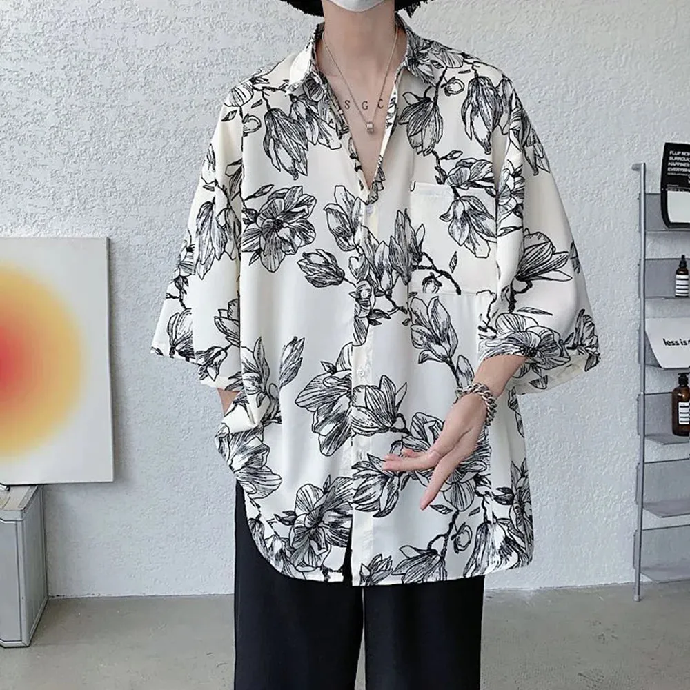 Bonsir Mens Shirts Floral Print Casual Shirts Summer Trend Streetwear Versatile Youth Breathable Five-Point Sleeve Tops Men'S Clothing