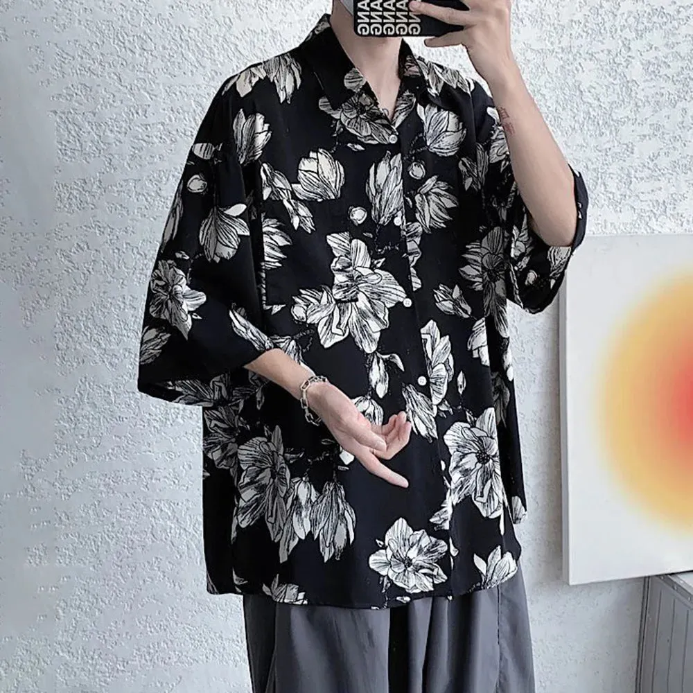 Bonsir Mens Shirts Floral Print Casual Shirts Summer Trend Streetwear Versatile Youth Breathable Five-Point Sleeve Tops Men'S Clothing