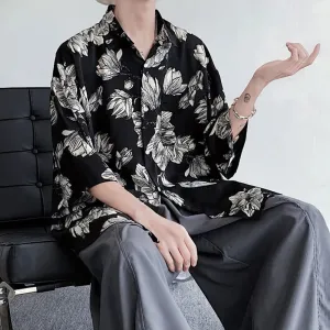 Bonsir Mens Shirts Floral Print Casual Shirts Summer Trend Streetwear Versatile Youth Breathable Five-Point Sleeve Tops Men'S Clothing