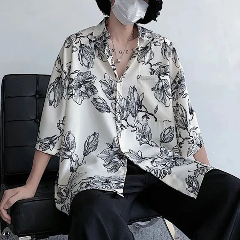 Bonsir Mens Shirts Floral Print Casual Shirts Summer Trend Streetwear Versatile Youth Breathable Five-Point Sleeve Tops Men'S Clothing