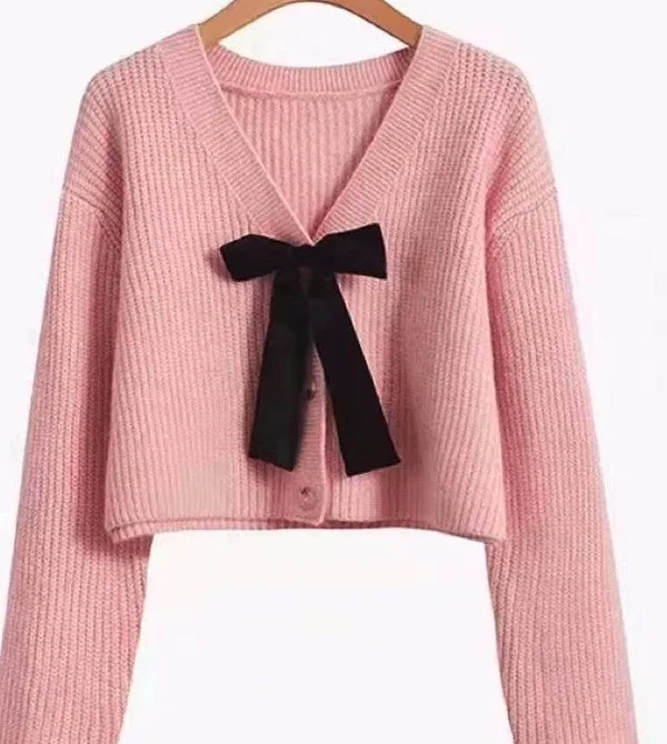 Bow Tie V-Neck Cropped Cardigan (Color Option)