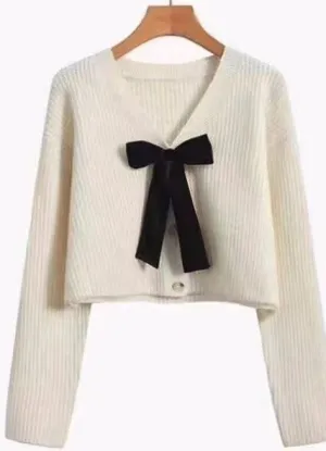 Bow Tie V-Neck Cropped Cardigan (Color Option)
