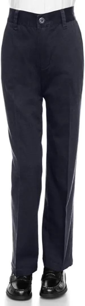 Boys Uniform Straight Twill Pant - Flat Front Wrinkle Free Cotton Slacks Navy