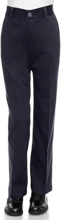Boys Uniform Straight Twill Pant - Flat Front Wrinkle Free Cotton Slacks Navy
