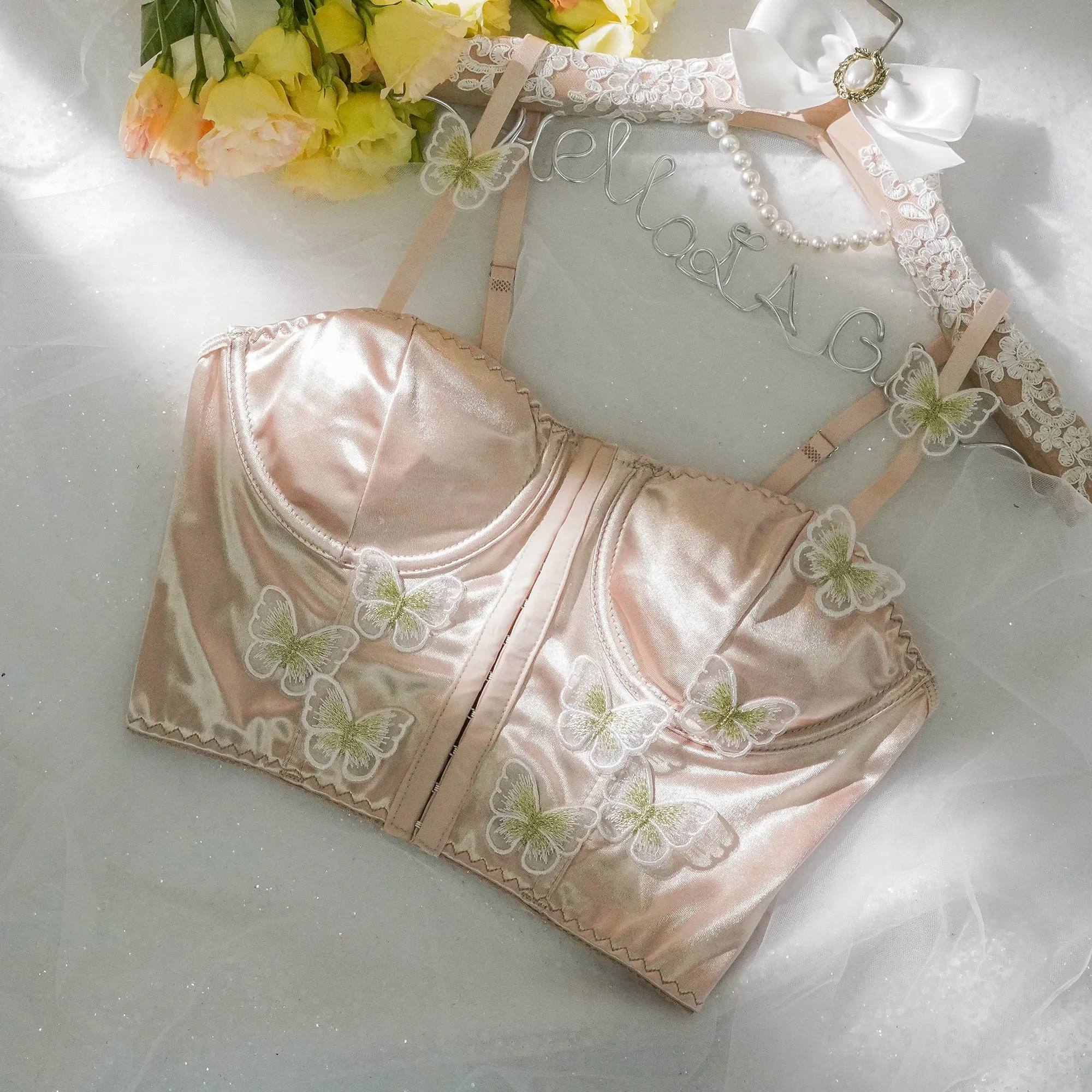 Champagne Satin Butterflies Decorative Front Buckle Top