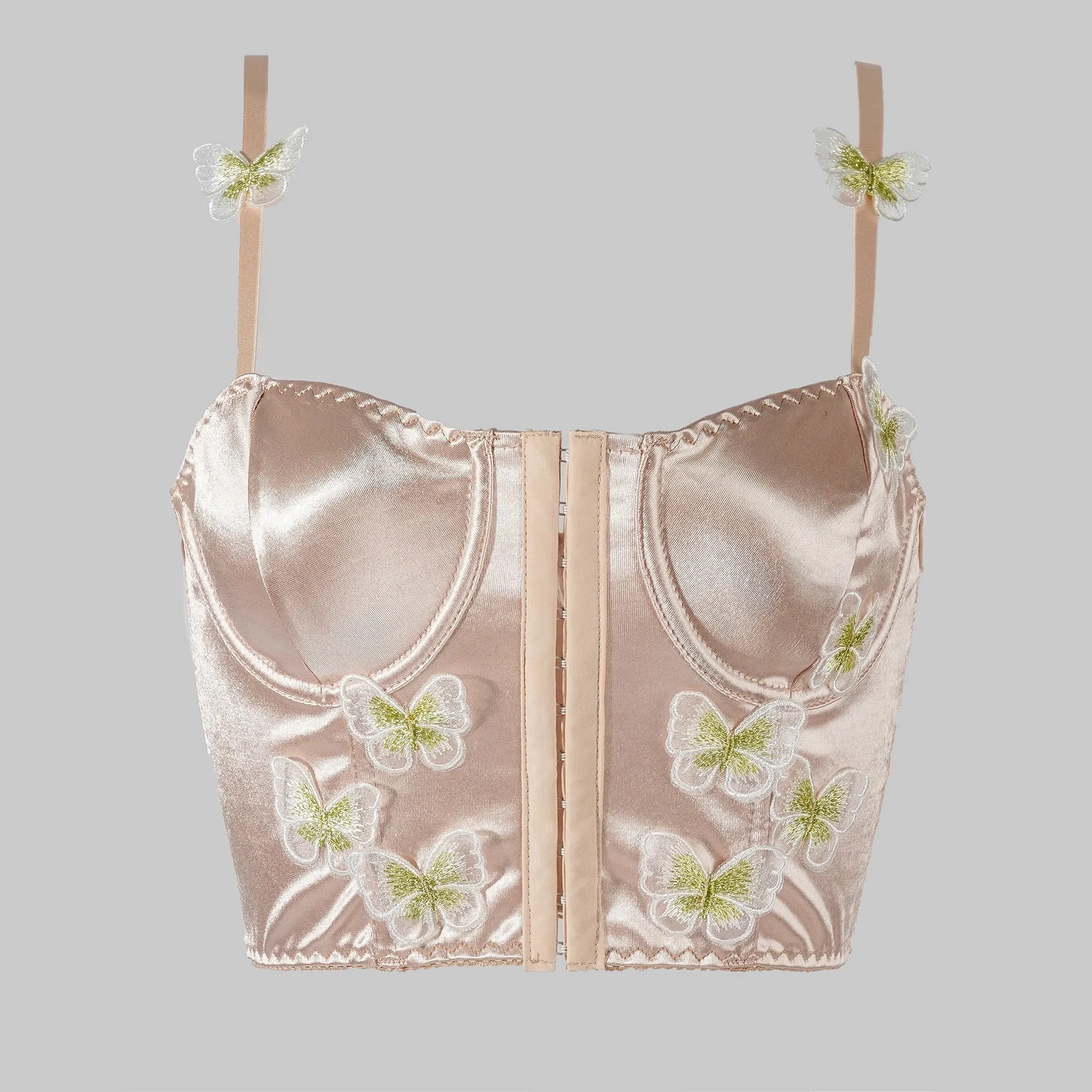 Champagne Satin Butterflies Decorative Front Buckle Top