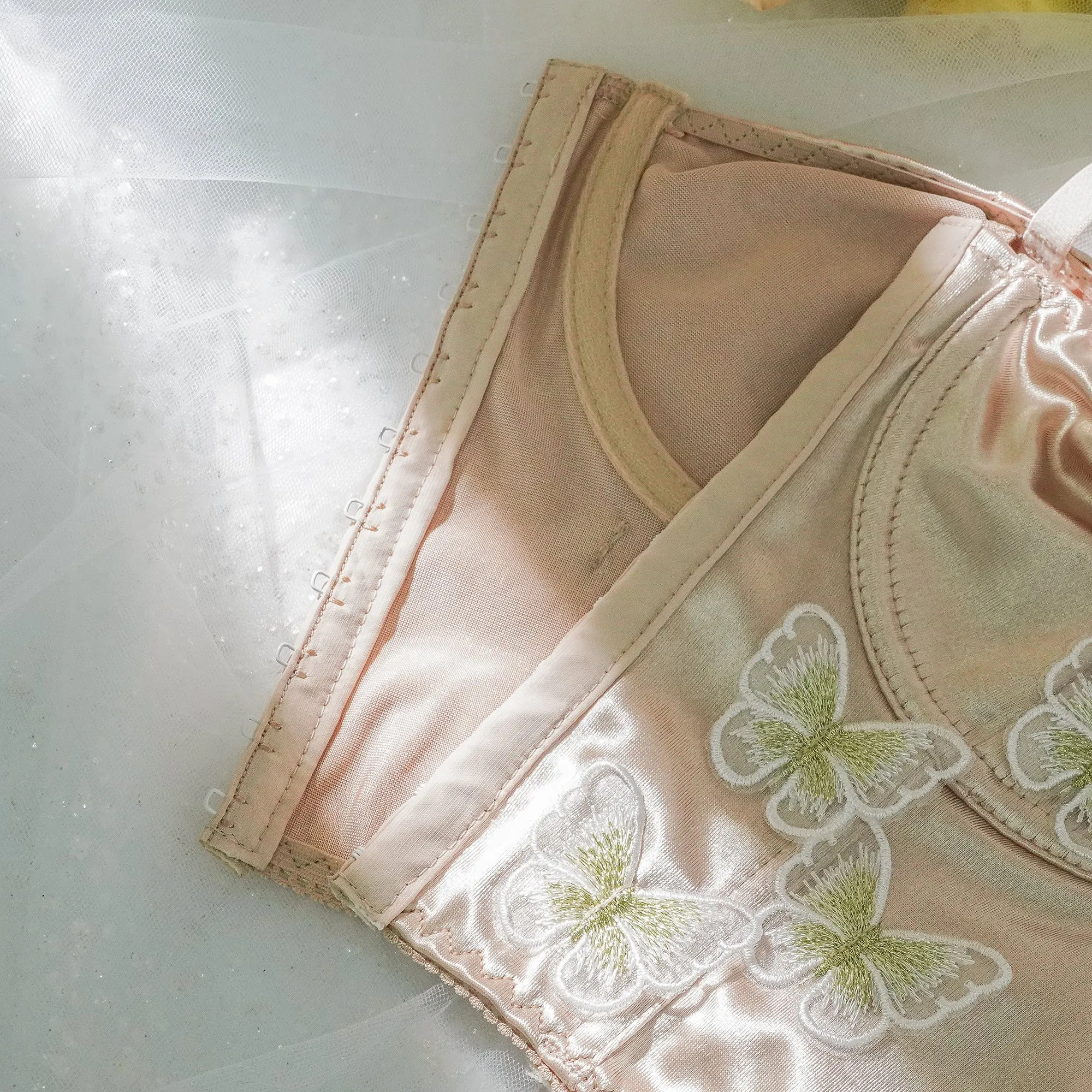 Champagne Satin Butterflies Decorative Front Buckle Top