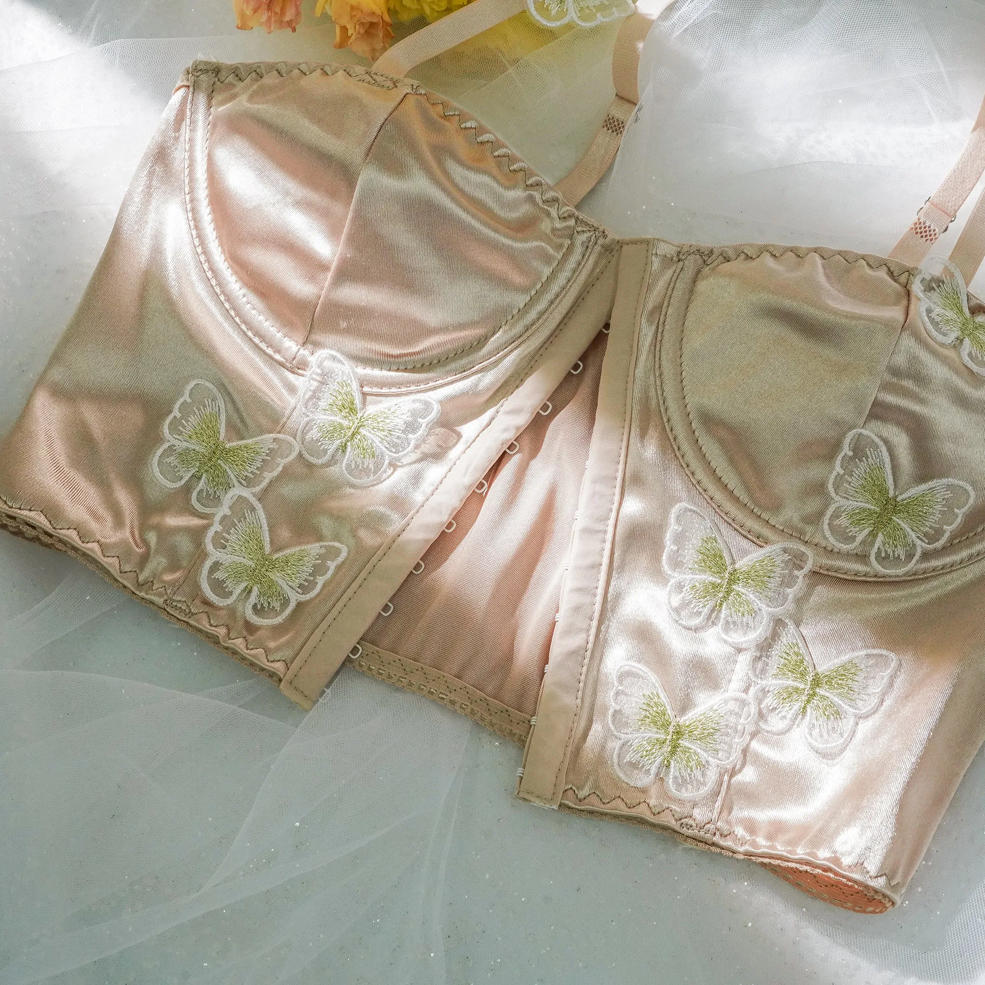 Champagne Satin Butterflies Decorative Front Buckle Top