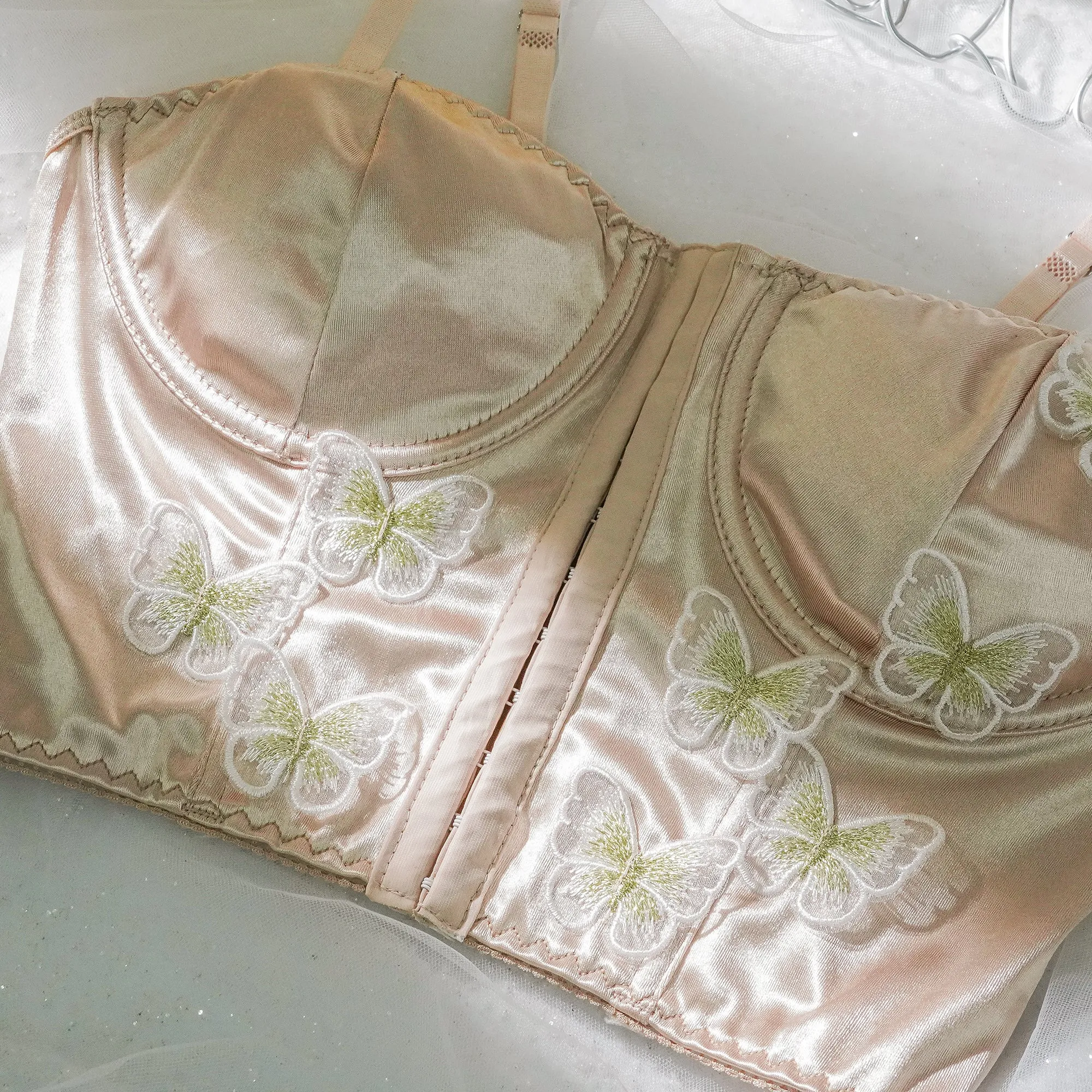 Champagne Satin Butterflies Decorative Front Buckle Top