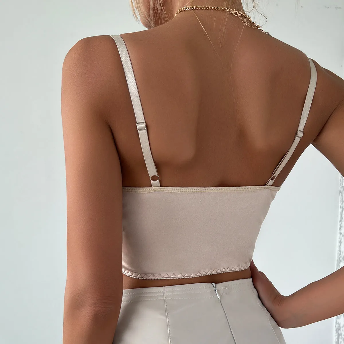 Champagne Satin Butterflies Decorative Front Buckle Top