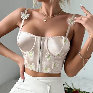 Champagne Satin Butterflies Decorative Front Buckle Top