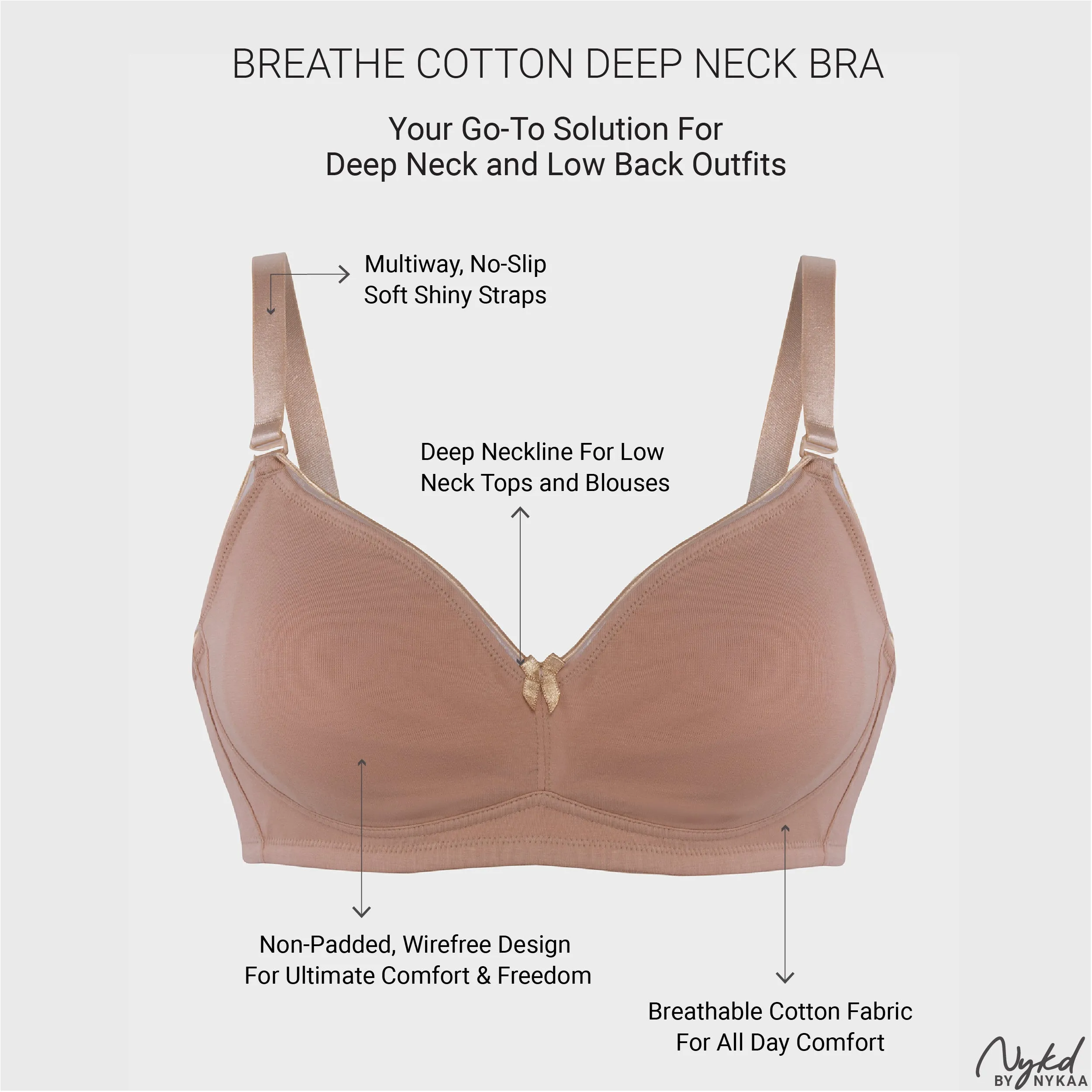 Cotton Deep Neck Non Padded Non Wired Bra with Low Back-NYB391-Sand