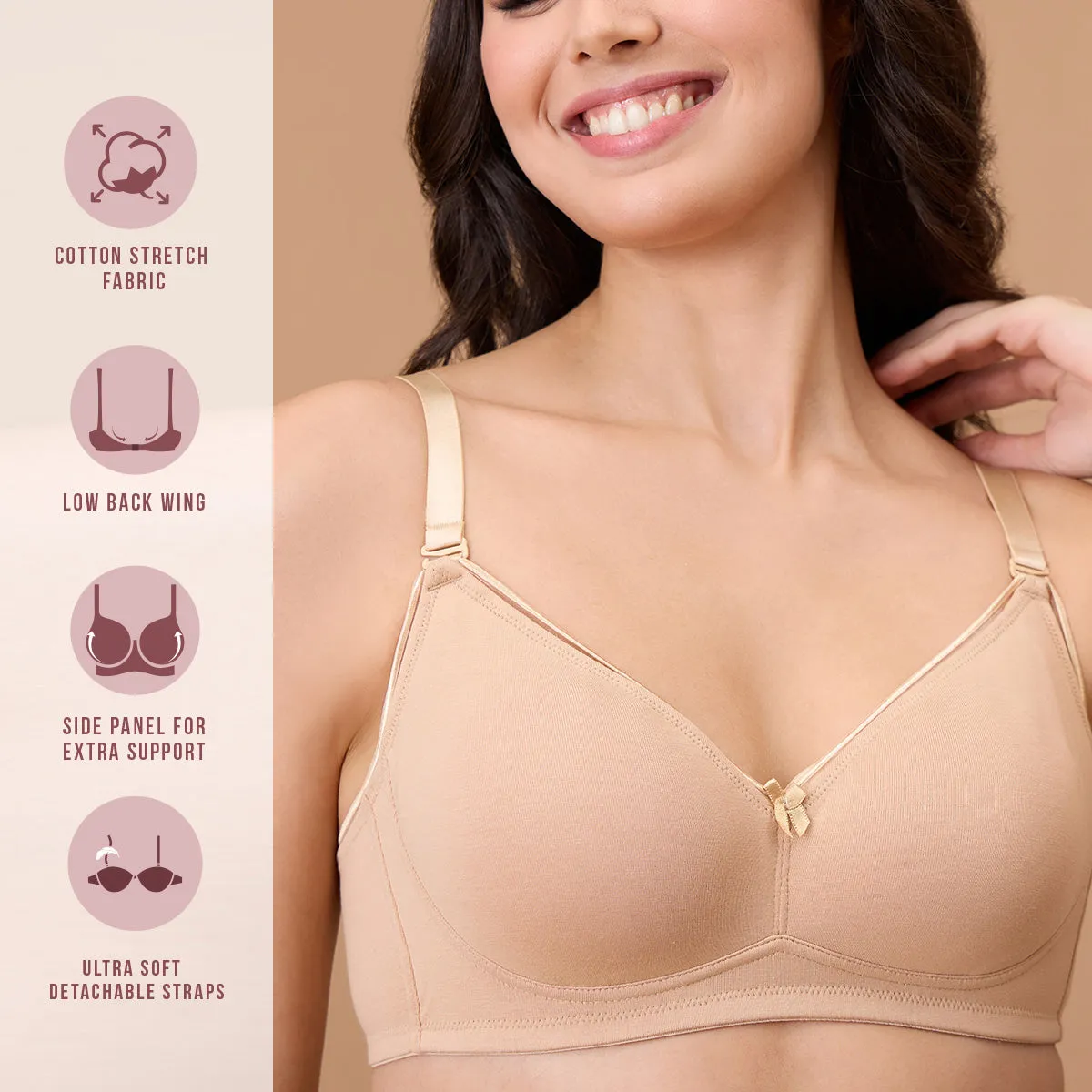 Cotton Deep Neck Non Padded Non Wired Bra with Low Back-NYB391-Sand