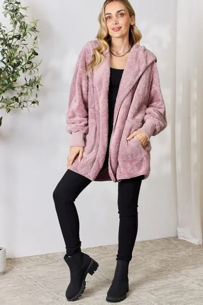 Cozy Faux Fur Open Front Hooded Jacket
