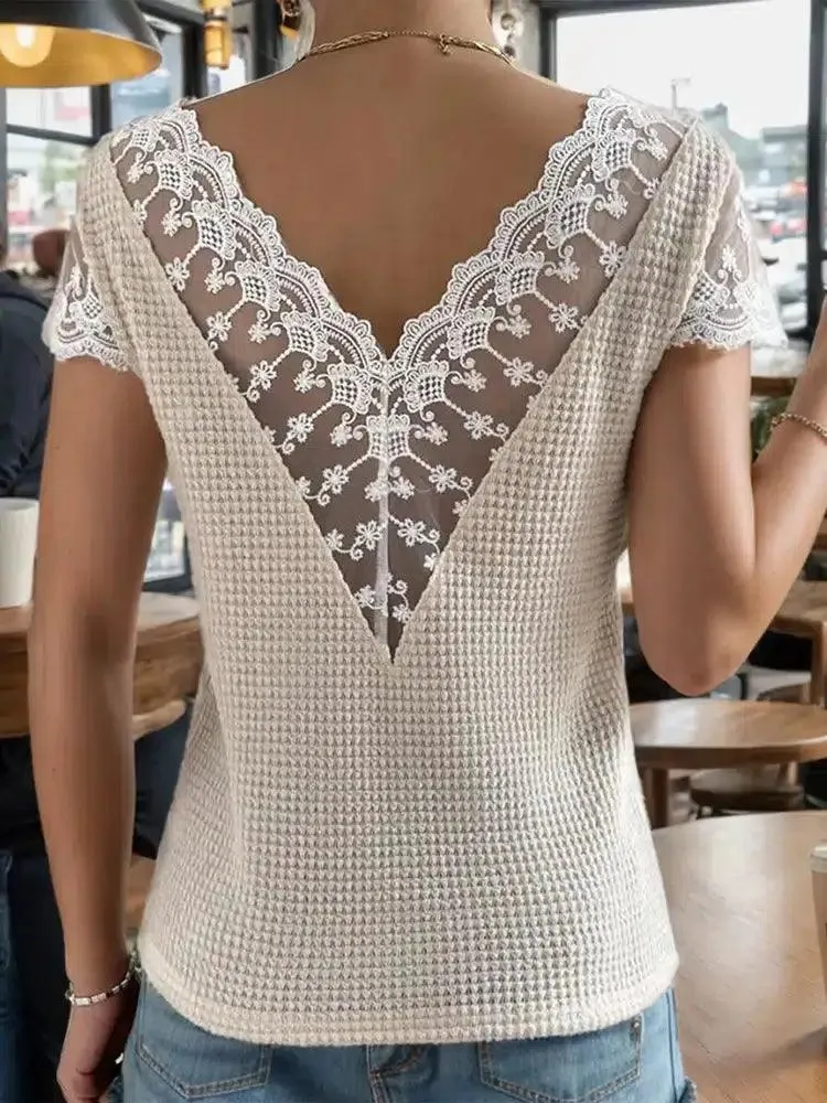 Delicate Charm Lace V Back V Neck Blouse