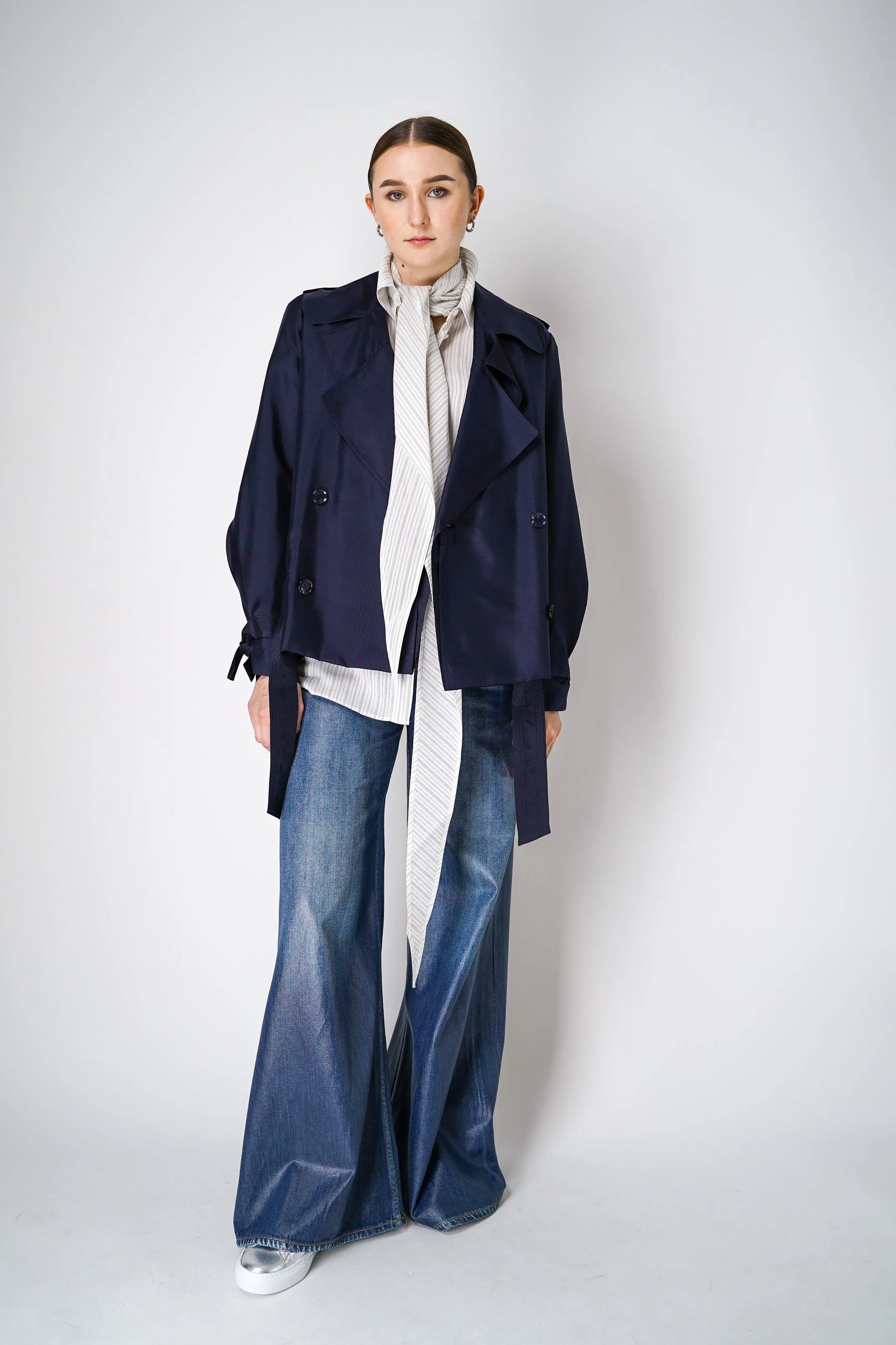 Dorothee Schumacher Silk Blend Striped Blouse with Removable scarf in White and Navy