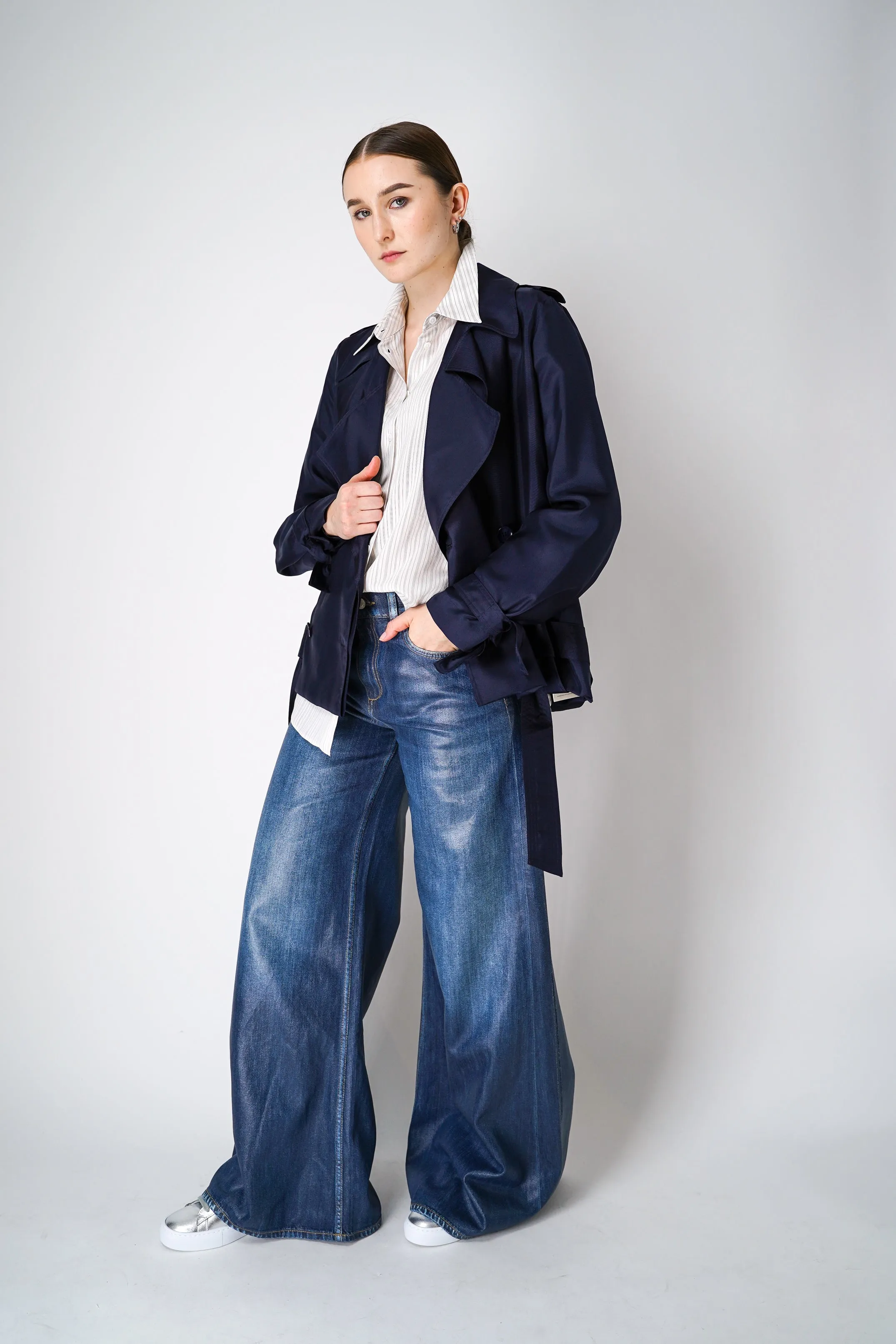 Dorothee Schumacher Silk Blend Striped Blouse with Removable scarf in White and Navy