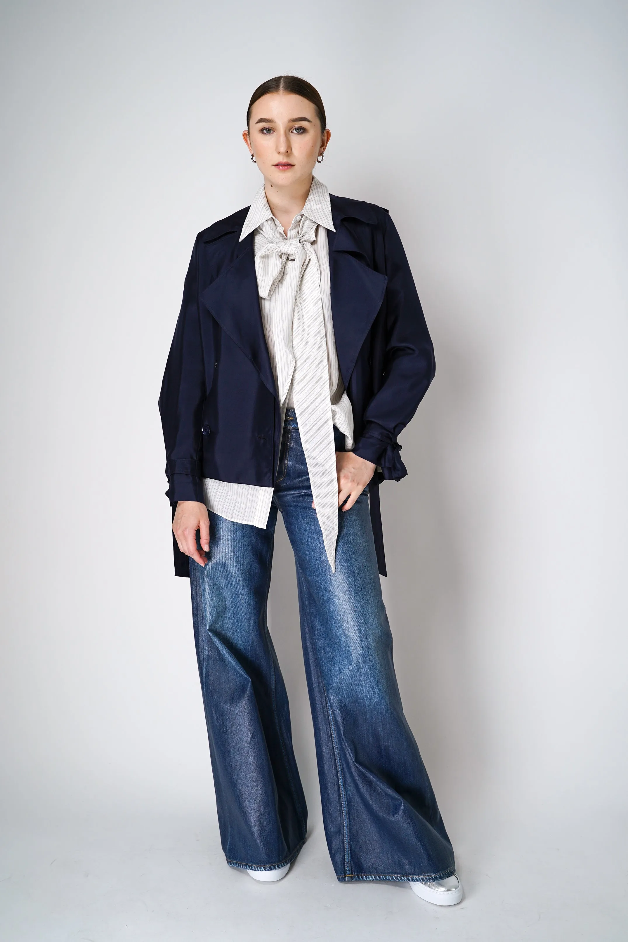 Dorothee Schumacher Silk Blend Striped Blouse with Removable scarf in White and Navy