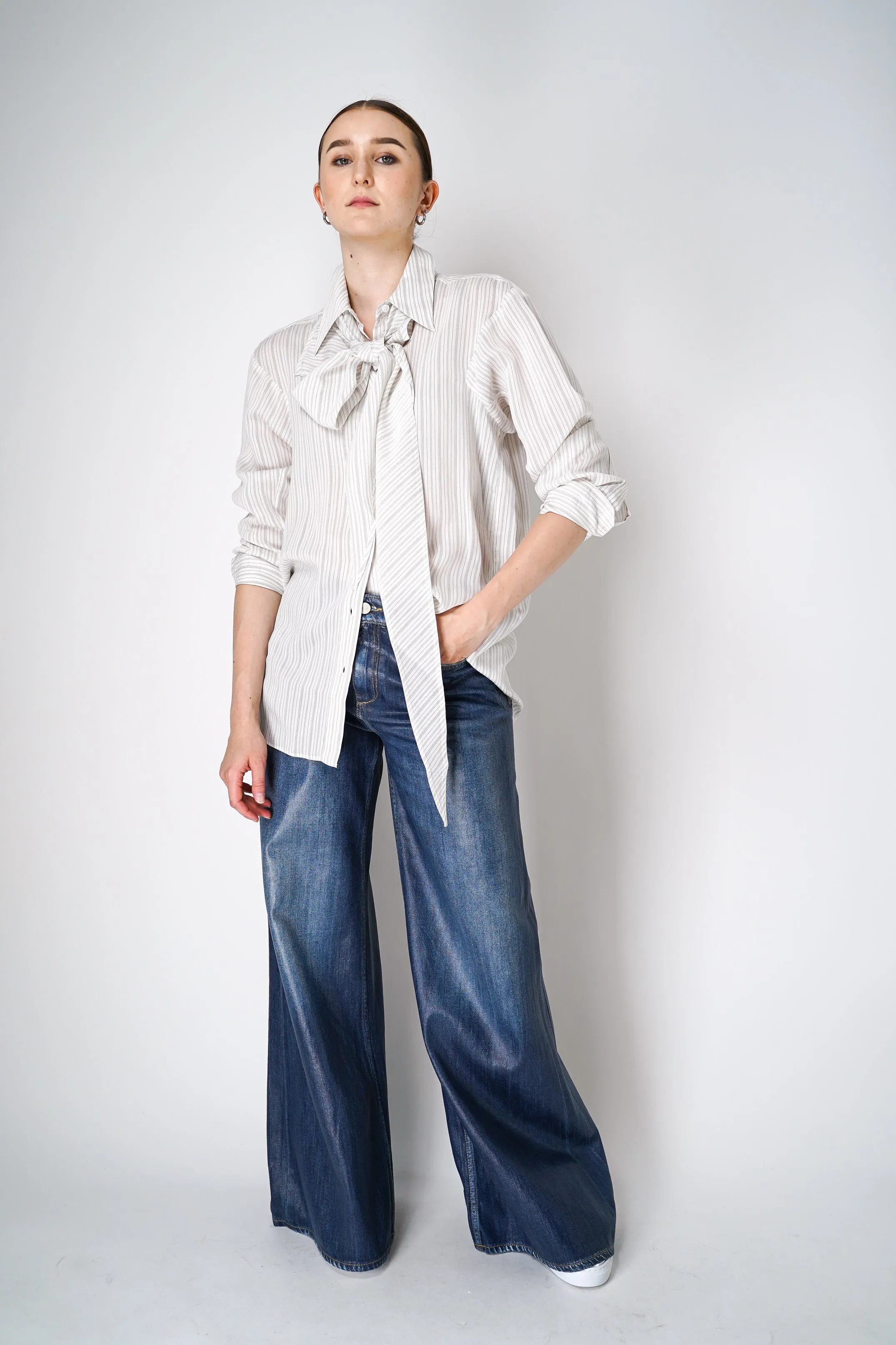 Dorothee Schumacher Silk Blend Striped Blouse with Removable scarf in White and Navy