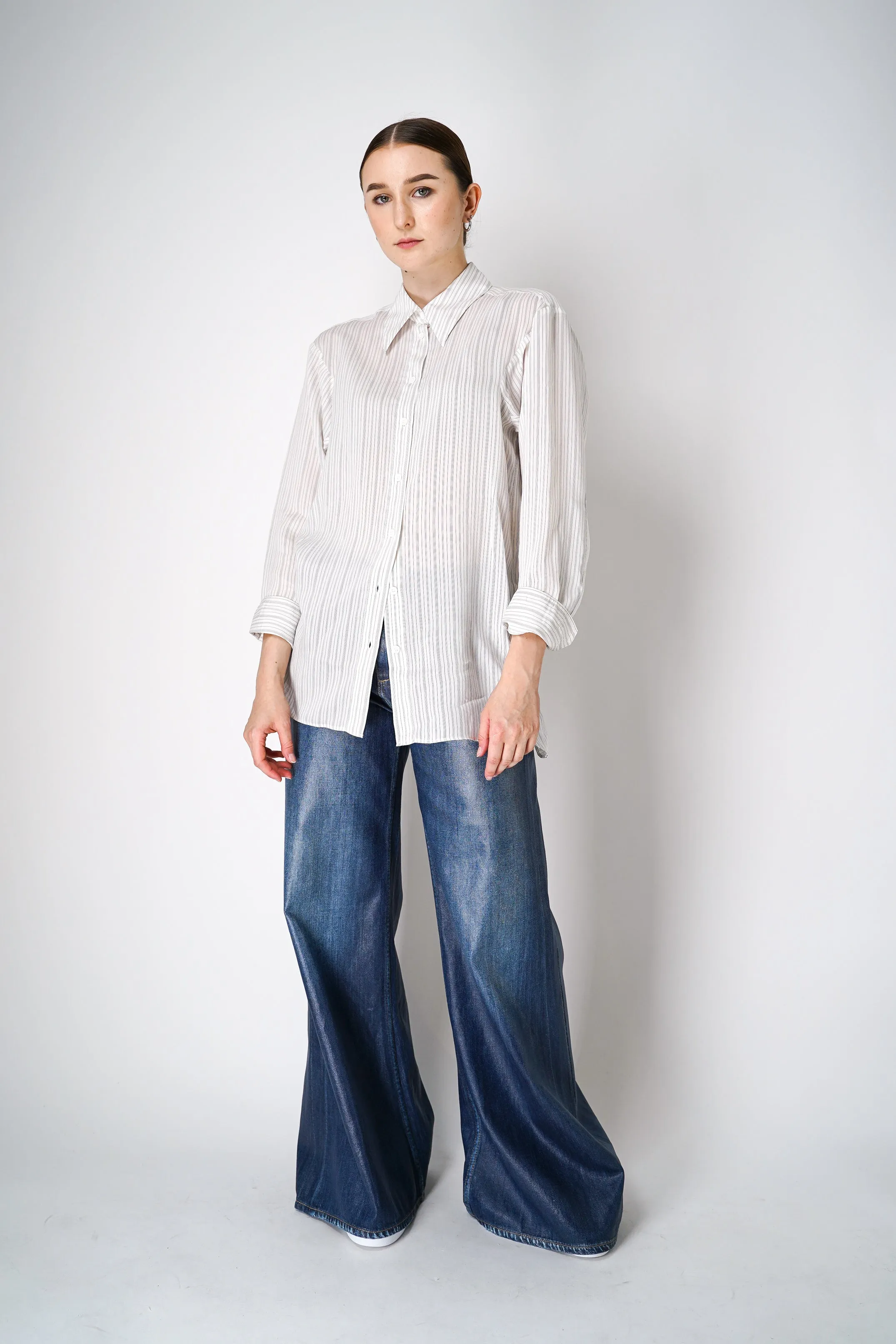 Dorothee Schumacher Silk Blend Striped Blouse with Removable scarf in White and Navy