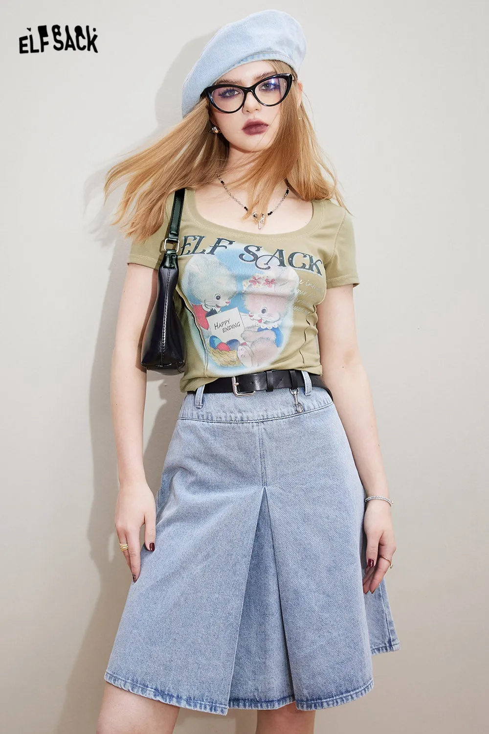ELFSACK U-neck slim fit short sleeved T-shirt for women's 2024 spring new sweet and spicy small figure slimming versatile top