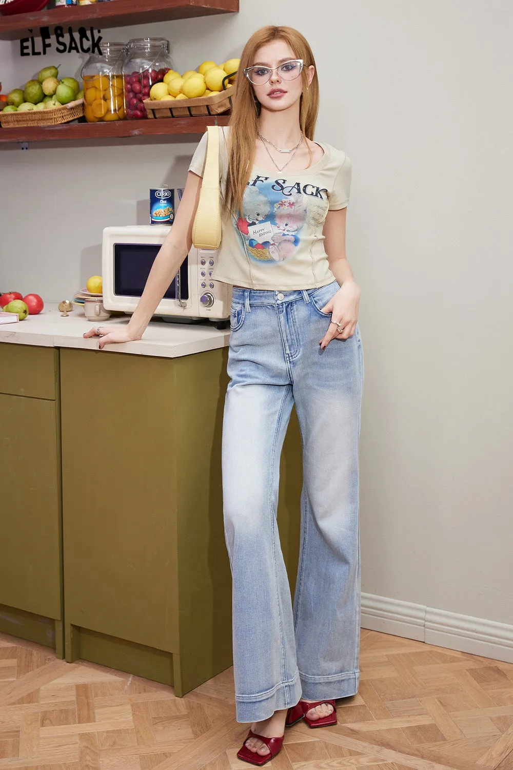 ELFSACK U-neck slim fit short sleeved T-shirt for women's 2024 spring new sweet and spicy small figure slimming versatile top